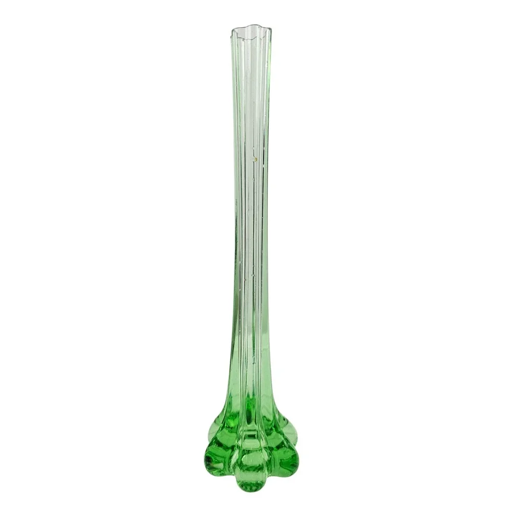 Vintage Green Swung Glass Bud Vase Mid-Century Modern 6-Toe Base 11.5 Inch